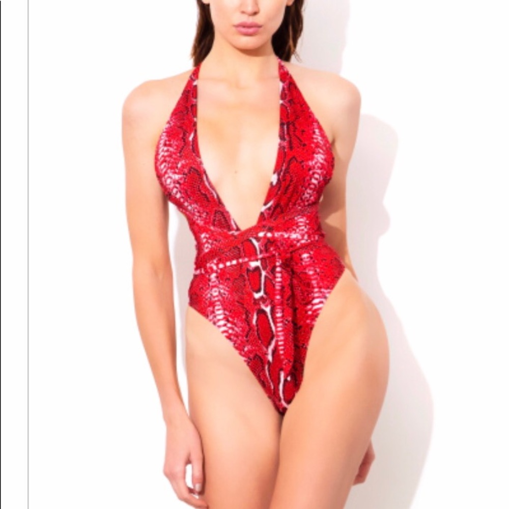 Red and White Animal Print Swimsuit